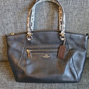 Coach Black Leather Tote with Snakeskin-Print Handles